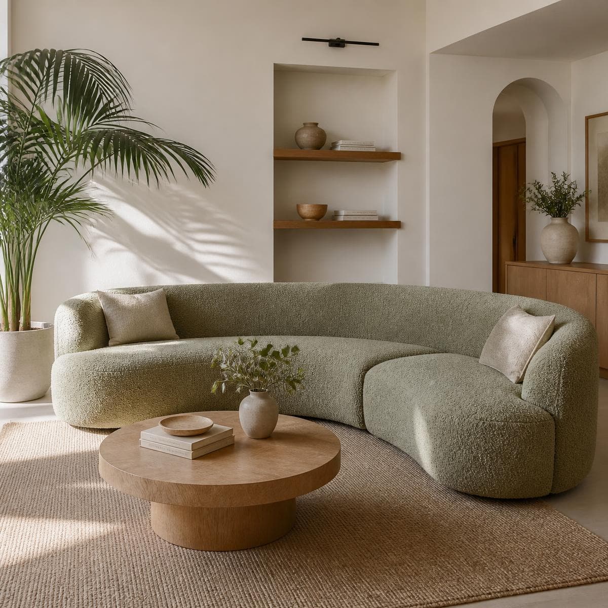 Modular sage sofa arranged with a chaise section
