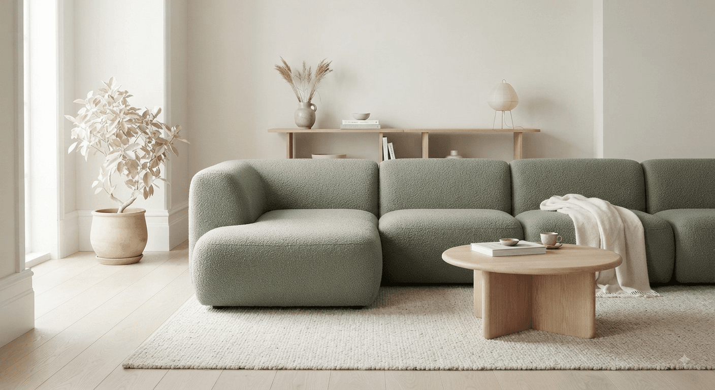Sage green bouclé sofa in a bright minimalist living room